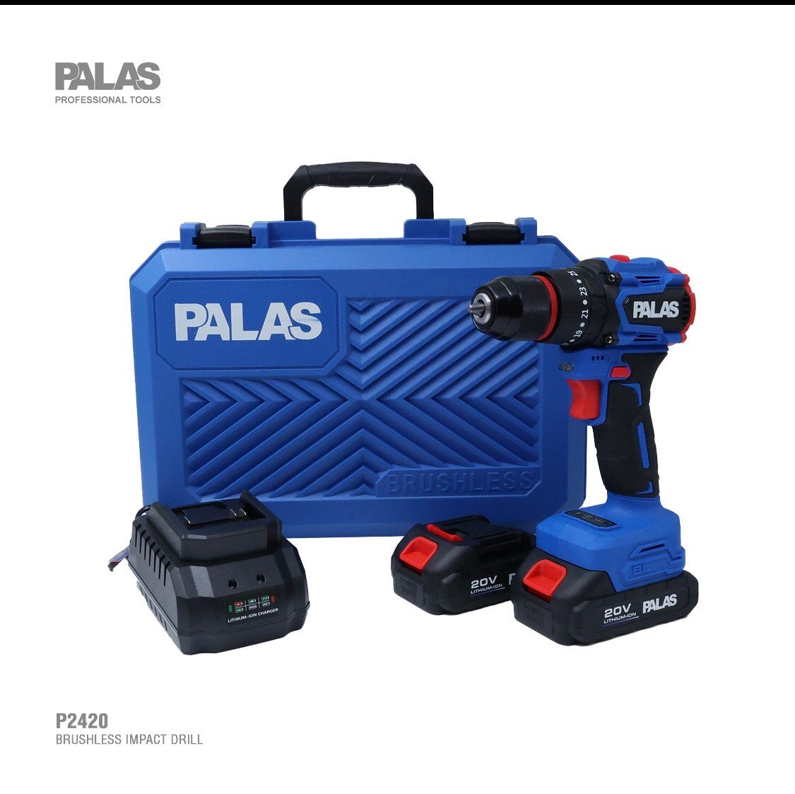 دریل شارژی چکشی پالاس مدل P2420 ظرفیت ۲۰ ولت براشلس دو باتری